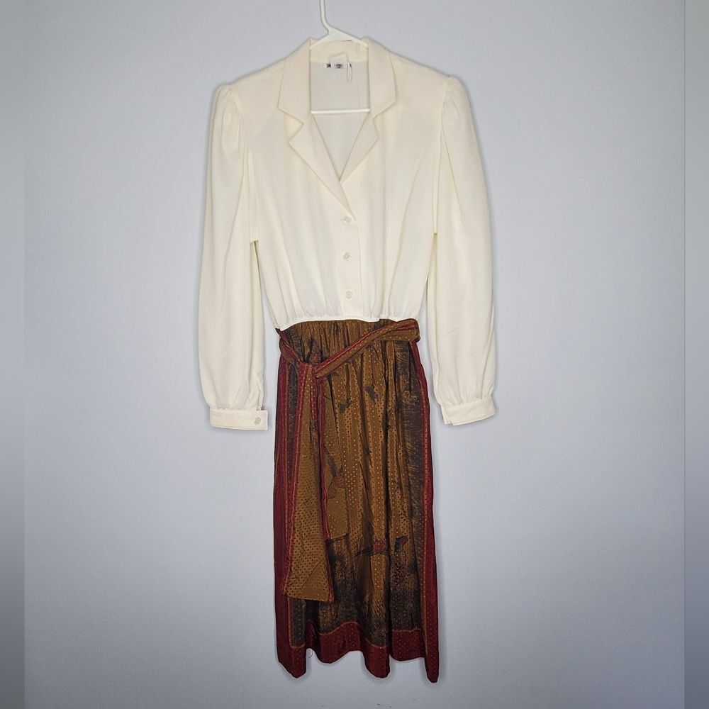 Leslie Fay 2 Vintage Dress Tan Beige Birds Wild Game Ducks Fowl Thanksgiving